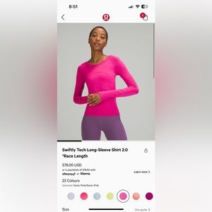 lululemon swiftly tech long sleeve 2.0 sonic pink size 6
